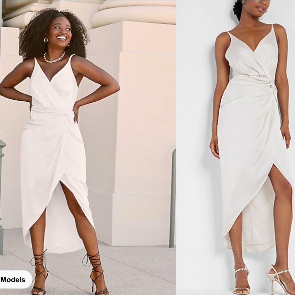 NWT Express Off-White Satin Twist Waist Hi-Lo Midi Dress (M)